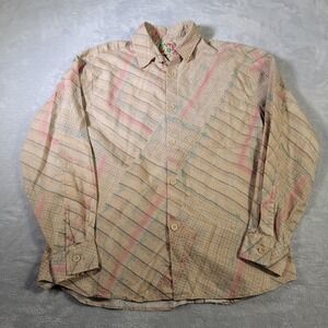 Jams World Shirt Mens Medium Beige Geometric Linen Button Up Long Sleeve USA